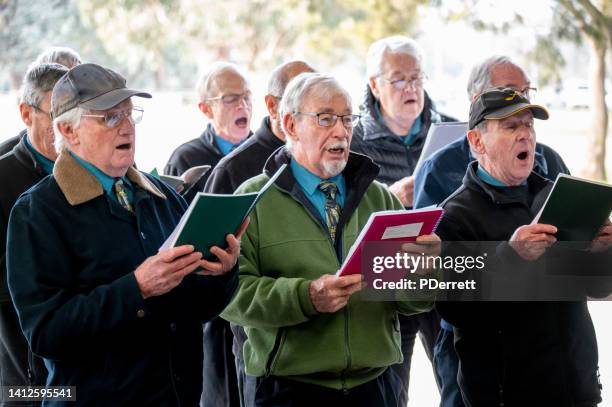 ein männerchor singt in einem park in canberra. - chor stock-fotos und bilder