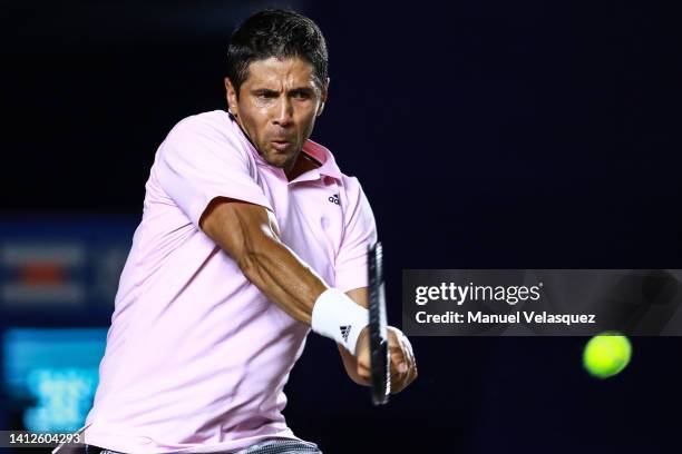 Fernando Verdasco of Spain returns the ball to Thanasi Kokkinakis of Australia during a match between Thanasi Kokkinakis of Australia and Fernando...