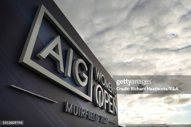 General view of an AIG Women's Open Sign during the Pro-Am prior to the AIG Women's Open at Muirfield on August 03, 2022 in Gullane, Scotland.