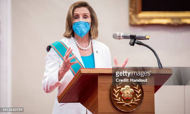 Speaker of the U.S. House Of Representatives Nancy Pelosi , speaks after receiving the Order of Propitious Clouds with Special Grand Cordon, Taiwan’s...