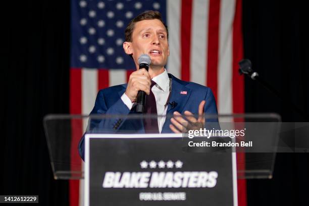 Republican U.S. Senatorial candidate Blake Masters speaks during his election night watch party on August 02, 2022 in Chandler, Arizona. Masters, who...