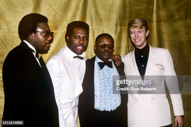 Bernard Edwards and Nile Rodgers of Chic with David Bowie and Otis Blackwell at the Frankie Crocker Awards at The Savoy in New York City on January...