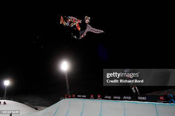 Rider rides the Superpipe during the Winter X-Games Europe second training day on March 13, 2012 in Tignes, France.