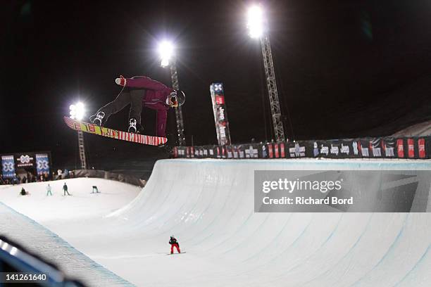 Rider rides the Superpipe during the Winter X-Games Europe second training day on March 13, 2012 in Tignes, France.