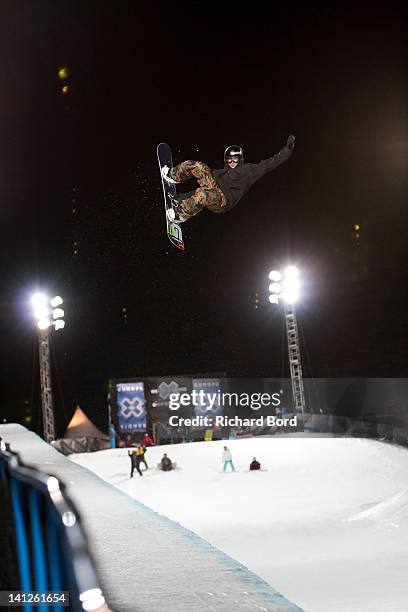 Rider rides the Superpipe during the Winter X-Games Europe second training day on March 13, 2012 in Tignes, France.