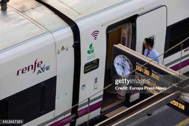 Renfe worker next to an AVE parked at Puerta de Atocha station, on August 3 in Madrid, Spain. The Government approved in the Council of Ministers on...