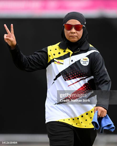 Esmawandy Brahim of Team Brunei Darussalam reacts during Women's Pairs - Section D - Round 2 match between Canada and Brunei Darussalam on day six of...