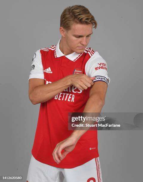 Arsenal captain Martin Odegaard at London Colney on August 01, 2022 in St Albans, England.