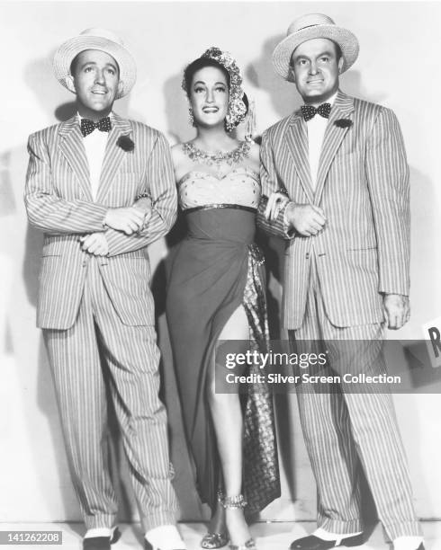 Bing Crosby , US actor and singer, Dorothy Lamour , US actress, and Bob Hope , British actor and comedian, in a publicity portrait issued for the...