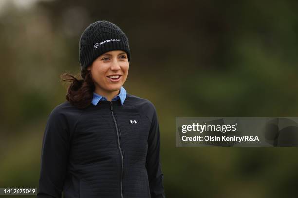 Albane Valenzuela of Switzerland smiles on the 1st hole during the Pro-Am prior to the AIG Women's Open at Muirfield on August 03, 2022 in Gullane,...