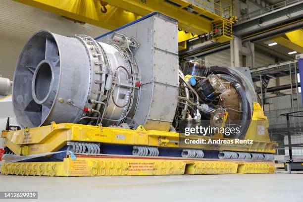 The Siemens gas turbine intended for the Nord Stream 1 gas pipeline in Russia is pictured at a Siemens Energy facility on August 03, 2022 in Muelheim...