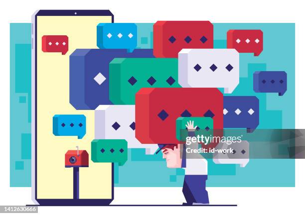 courier carrying lot of speech bubbles with loading mailbox on smartphone - full stock illustrations