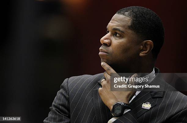 Head coach Sean Woods of the Mississippi Valley State Delta Devils looks on while taking on the Western Kentucky Hilltoppers in the first round of...