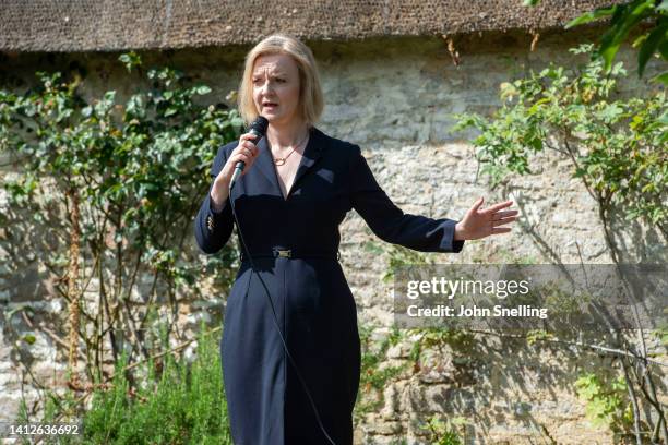 Conservative Leader candidate Liz Truss speaks with local Conservative Party members during her campaign to become Prime Minister on August 2,2022 in...