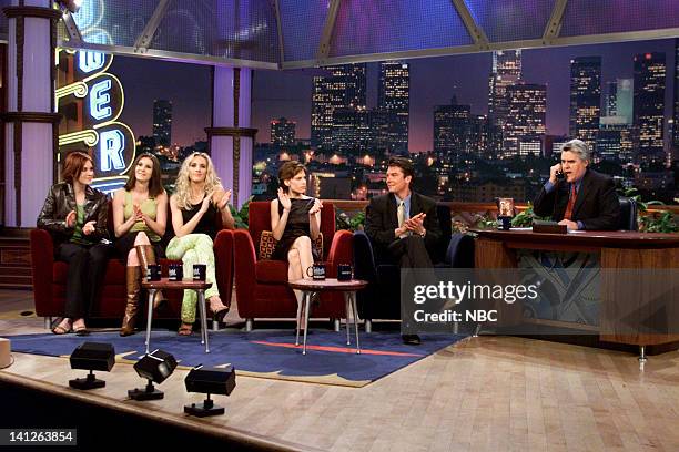 Episode 1796 -- Pictured: Members of musical guest SHeDAISY, actress Hilary Swank, and actor Jerry O'Connell during an interview with host Jay Leno...