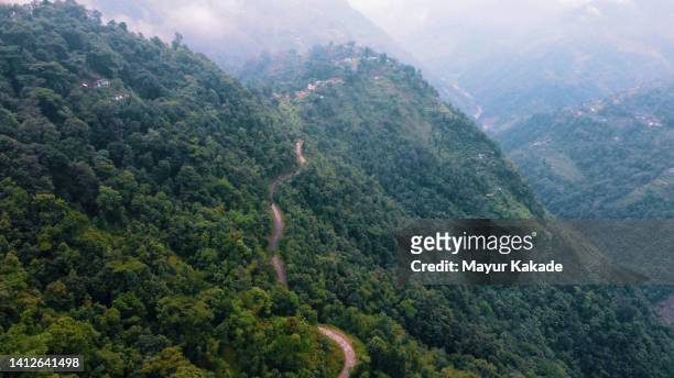 aerial scenic view of a curvy road in  a dense forest - sikkim stock-fotos und bilder