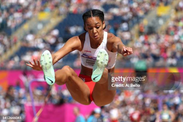 Katarina Johnson-Thompson of Team England competes during the Women's Heptathlon Long Jump on day six of the Birmingham 2022 Commonwealth Games at...