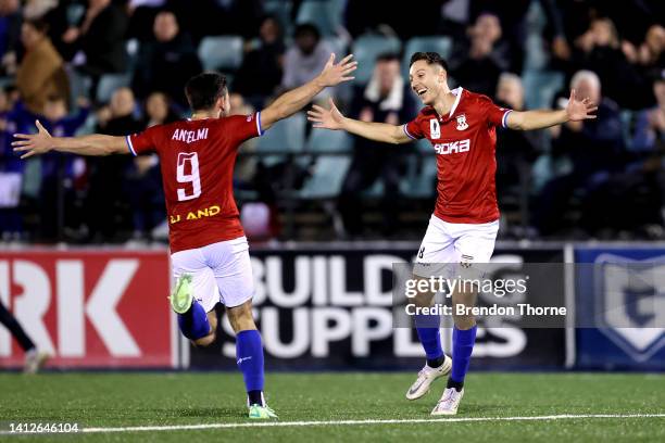 Kyle Cimenti of Sydney United 58 FC celebrates scoring a goal with team mate Patrick Antelmi during the Australia Cup Rd of 32 match between Sydney...