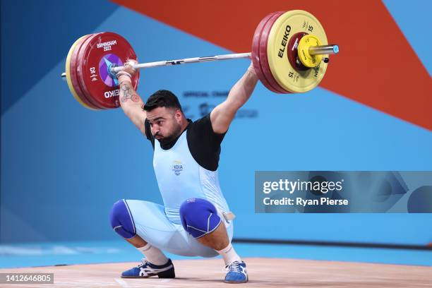 Singh Lovepreet of Team India performs a snatch during the Men's Weightlifting 109kg Final on day six of the Birmingham 2022 Commonwealth Games at...