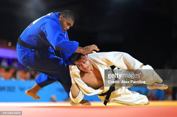 Gerard Takayawa of Fiji faces Giannis Antoniou of Cyprus during Men's + 100kg Round of 16 match on day six of the Birmingham 2022 Commonwealth Games...