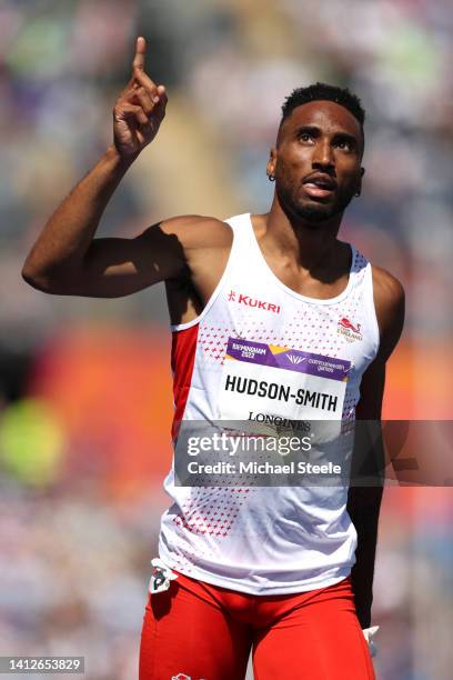 Matthew Hudson-Smith of Team England celebrates after qualifying in the Men's 400m Round 1 heats on day six of the Birmingham 2022 Commonwealth Games...