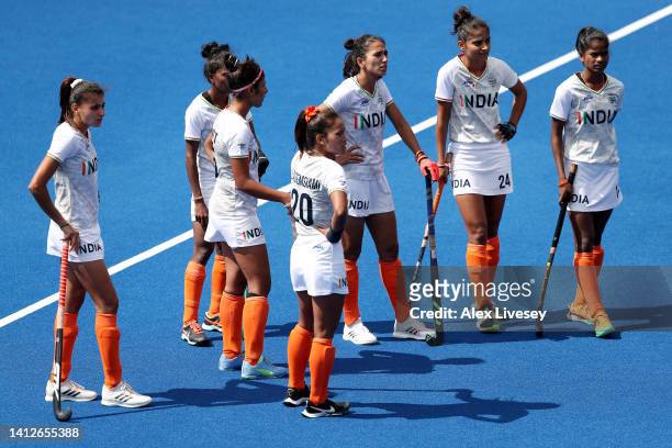Team India look on as they await a video decision during Women's Hockey - Pool A match between Canada and India on day six of the Birmingham 2022...