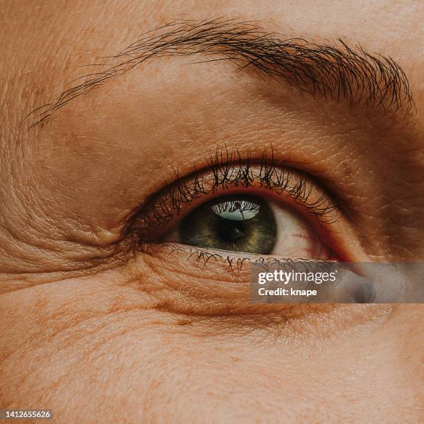 mature woman adult eye skin and wrinkles macro close up - människohud bildbanksfoton och bilder