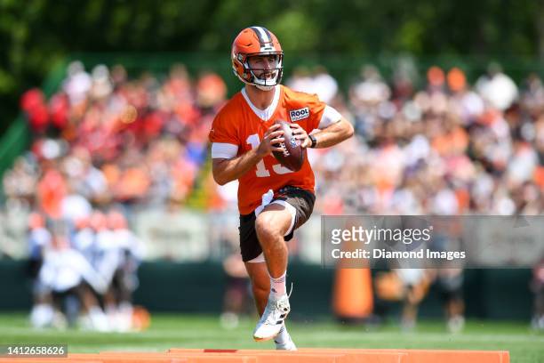 Josh Rosen of the Cleveland Browns runs a drill during Cleveland Browns training camp at CrossCountry Mortgage Campus on July 30, 2022 in Berea, Ohio.