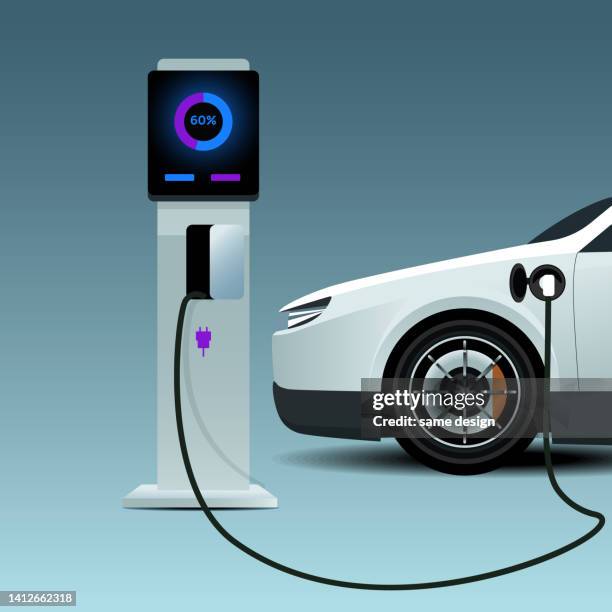 stockillustraties, clipart, cartoons en iconen met electric sedan car at the electro charger station. - hybrid vehicle