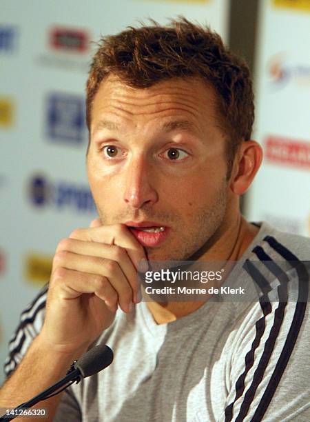 Ian Thorpe speaks to the media during an Australian Swimming Championships press conference at the South Australian Aquatic & Leisure Centre on March...