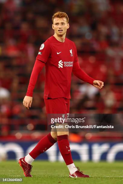 Sepp van den Berg of Liverpool in action during the Pre-Season Friendly match between Liverpool and RC Strasbourg at Anfield on July 31, 2022 in...