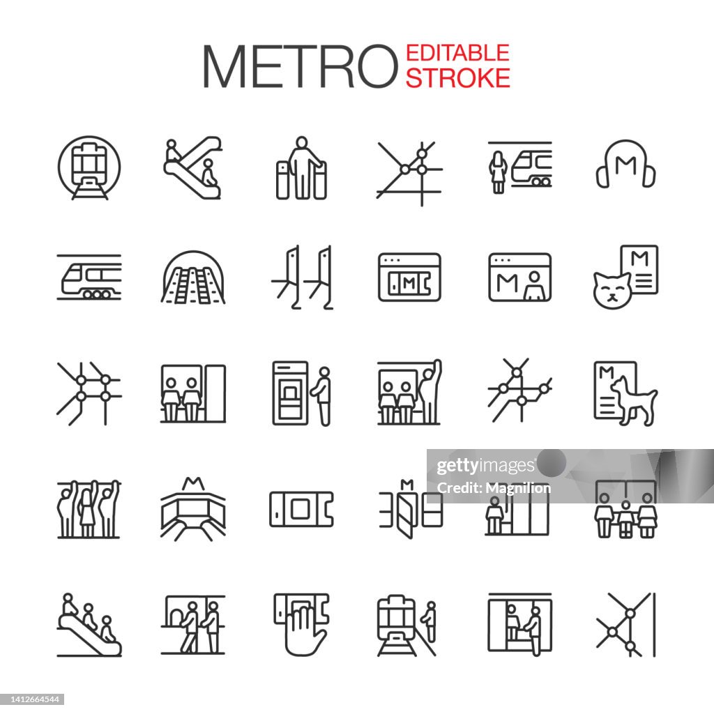 Metro, Subway Icons Set Editable Stroke