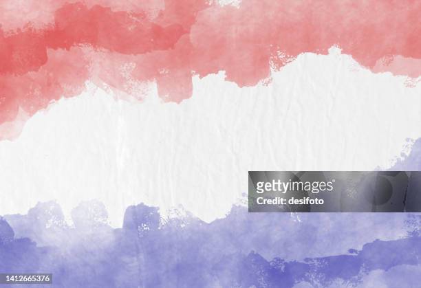 horizontal backgrounds of tricolor bands, in soft gradient of blue, white and red smudged colors as in national flag of france, faded blended and blotched - blues v france stock illustrations