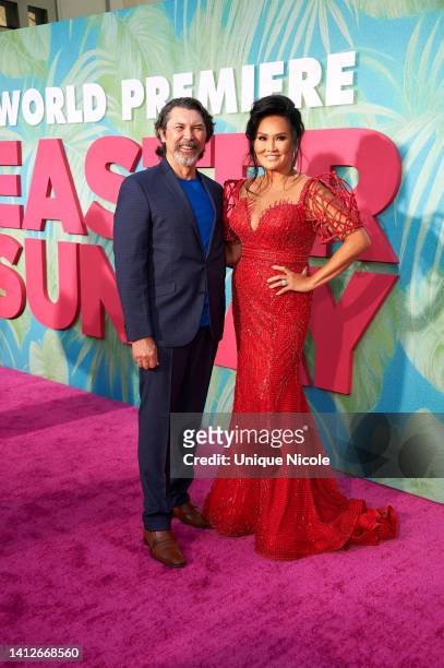 Lou Diamond Phillips and Tia Carrere attend the premiere of Universal Pictures' "Easter Sunday" at TCL Chinese Theater on August 02, 2022 in...