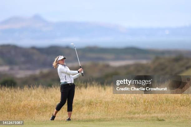 Brooke Henderson of Canada plays their second shot on the 11th hole during the Pro-Am prior to the AIG Women's Open at Muirfield on August 03, 2022...