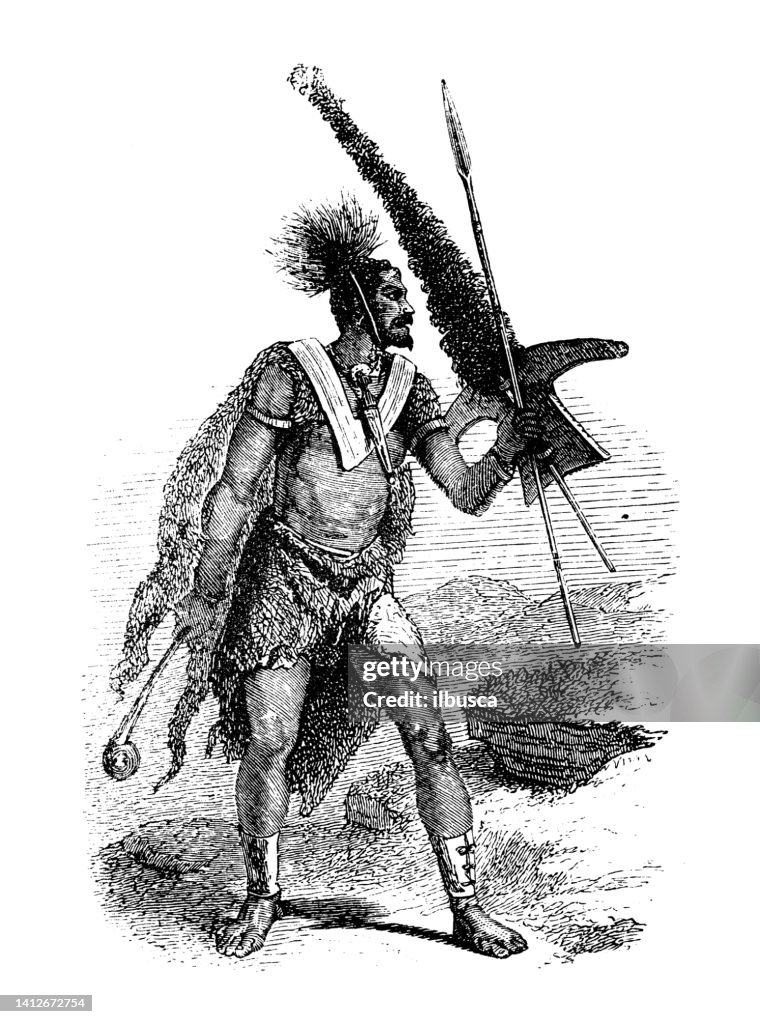 Antique illustration, ethnography and indigenous cultures: Africa, Sotho warrior