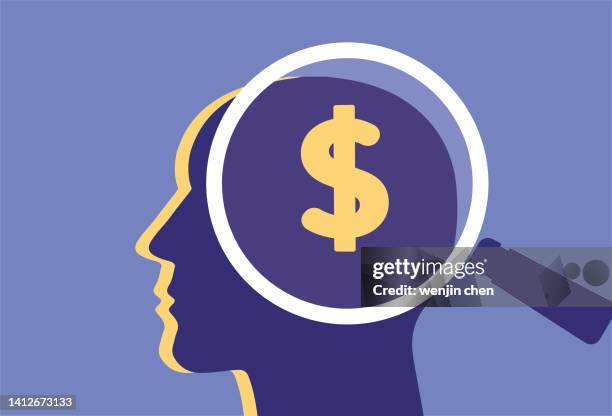 stockillustraties, clipart, cartoons en iconen met use a magnifying glass to search for dollars in a big head - brain money