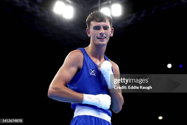 Reese Lynch of Team Scotland celebrates after defeating Junias Jonas of Team Namibia during the Men's Light Welterweight 60-63.5 kg Quarter-Final...