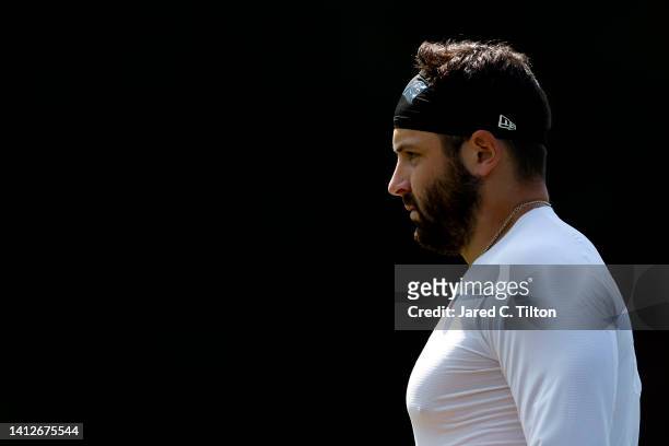 Baker Mayfield of the Carolina Panthers attends training camp at Wofford College on August 02, 2022 in Spartanburg, South Carolina.