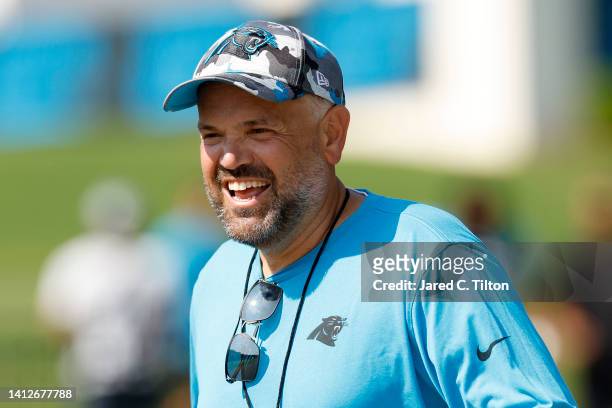 Head coach Matt Rhule of the Carolina Panthers attends training camp at Wofford College on August 02, 2022 in Spartanburg, South Carolina.