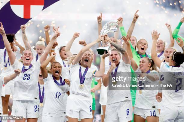 Players of England celebrate with the UEFA Women’s EURO 2022 Trophy after their side's victory during the UEFA Women's Euro 2022 final match between...