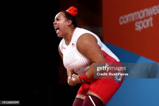 Emily Campbell of Team England reacts after setting a new Commonwealth Games Record in snatch during the Women's 87+kg Final on day six of the...