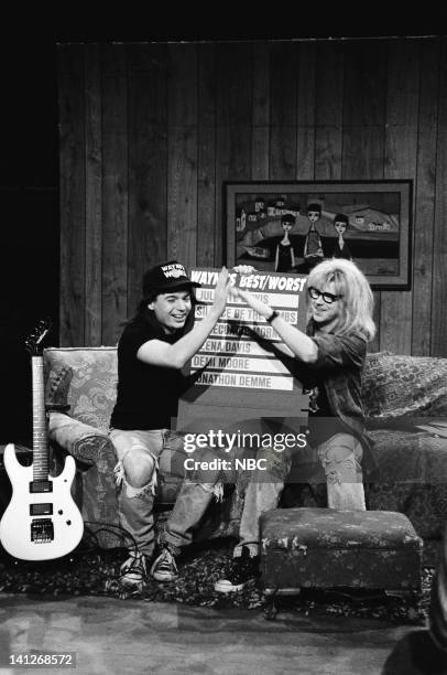 Episode 17 -- Pictured: Mike Myers as Wayne Campbell, Dana Carvey as Garth Algar during "Wayne's World" skit on April 11, 1992 -- Photo by: Alan...