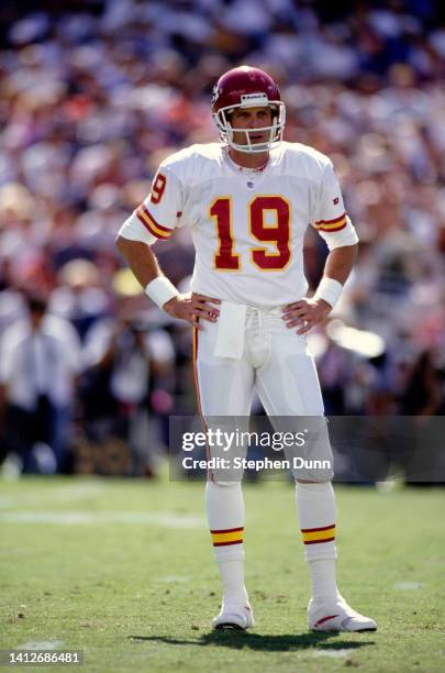 Joe Montana, Quarterback for the Kansas City Chiefs looks on during the American Football Conference West Division game against the San Diego...