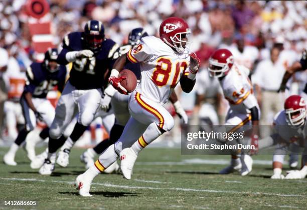 Fred Jones, Wide Receiver for the Kansas City Chiefs runs the ball during the American Football Conference West Division game against the San Diego...