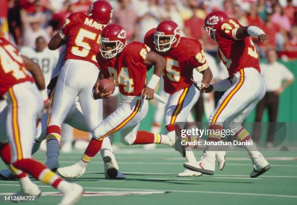 Naz Worthen, Wide Receiver for the Kansas City Chiefs runs the football during the American Football Conference West Division game against the...