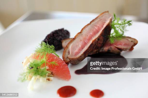 roasted duck breast with black rice, grapefruit and fennel - sauce stockfoto's en -beelden