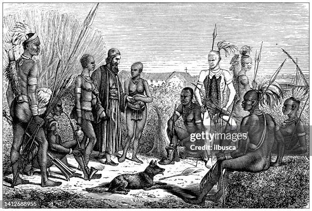 antique illustration, ethnography and indigenous cultures: africa, bari people - ancient female warriors stock illustrations