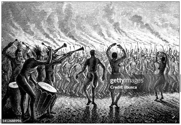 antique illustration, ethnography and indigenous cultures: africa, bari people tribal dance - minority groups stock illustrations