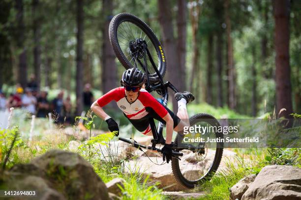 Emily Bridson of Team Jersey crashes during the Women's Cross-country Final on day six of the Birmingham 2022 Commonwealth Games at Cannock Chase...